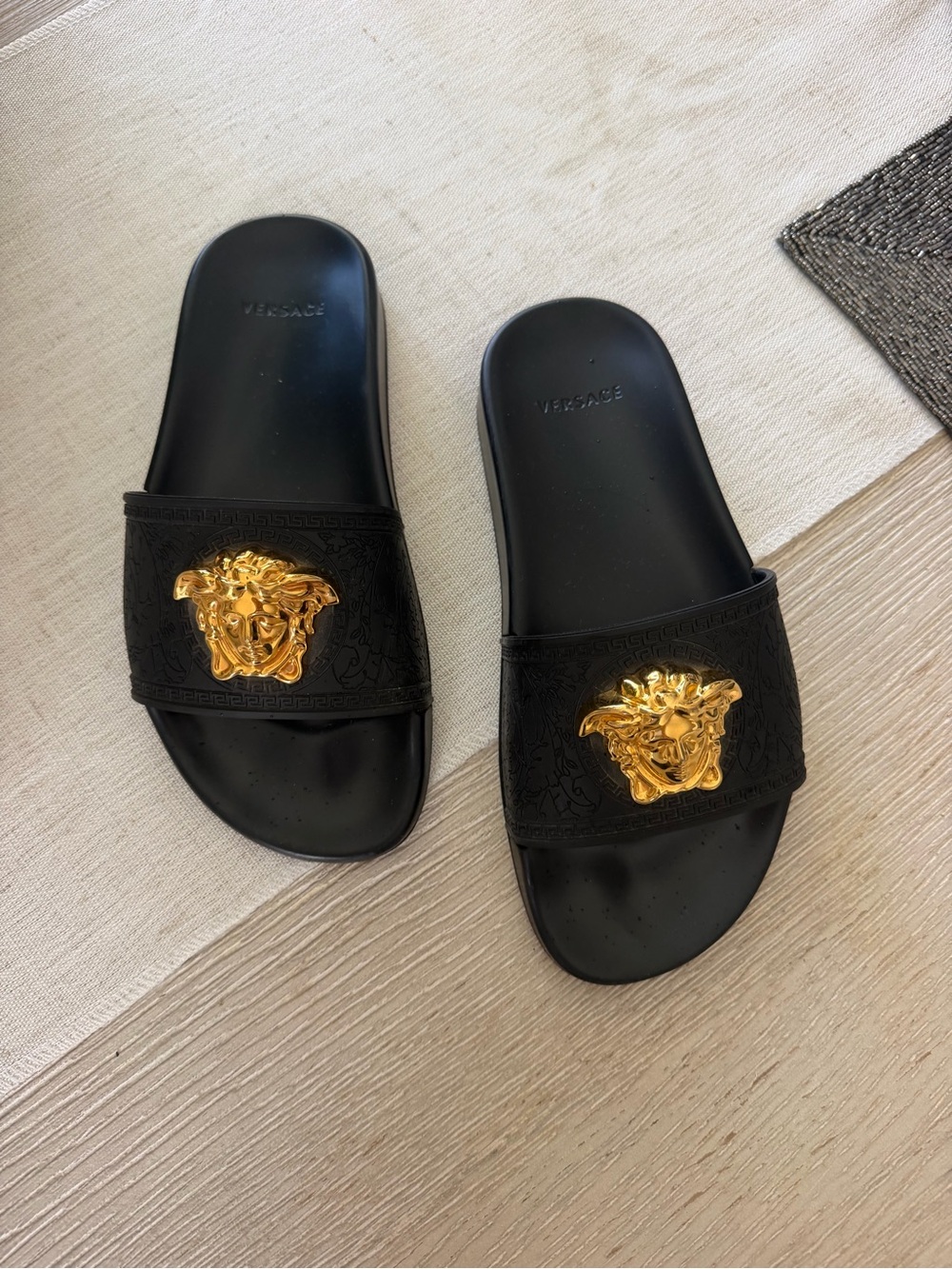 Men's Black Slides with Gold Medusa Emblem